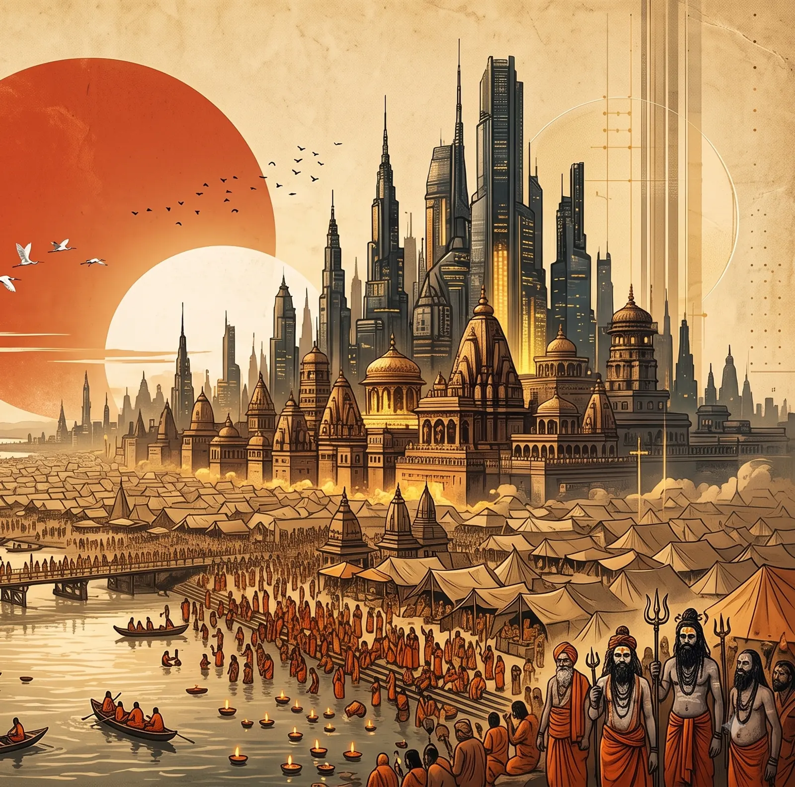 Temples and tented camps along the river beneath a rising future skyline